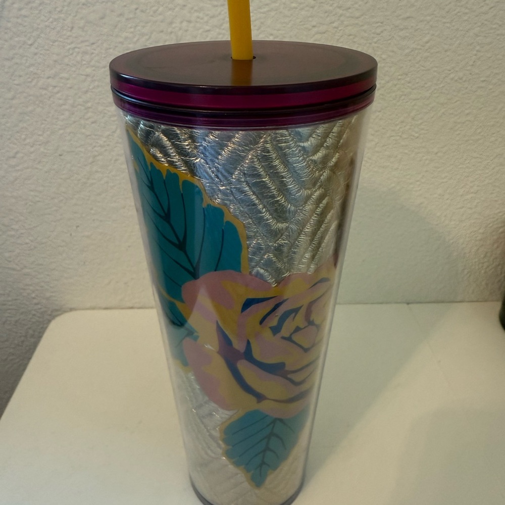 Starbucks Floral Silver Tumbler with Straw